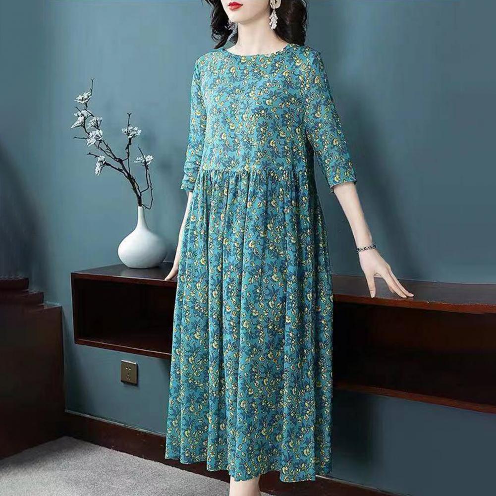 Floral Dress Elegant Floral Print A-line Midi Dress with Half Sleeves Round Neck for Plus Size Women for Dating Commuting