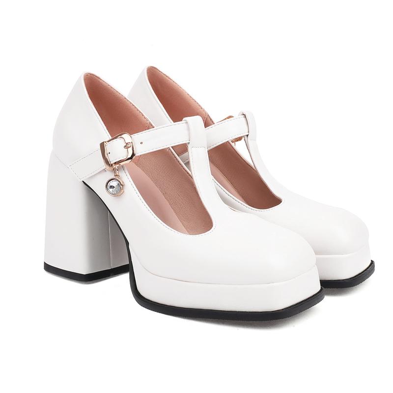 Классические туфли на высоком блочном каблуке на платформе для девочек, черные, белые, женские туфли на каблуке, 2024, новые, с Т-образным ремешком, весенние туфли-лодочки, свадебная вечеринка, танцевальная обувь