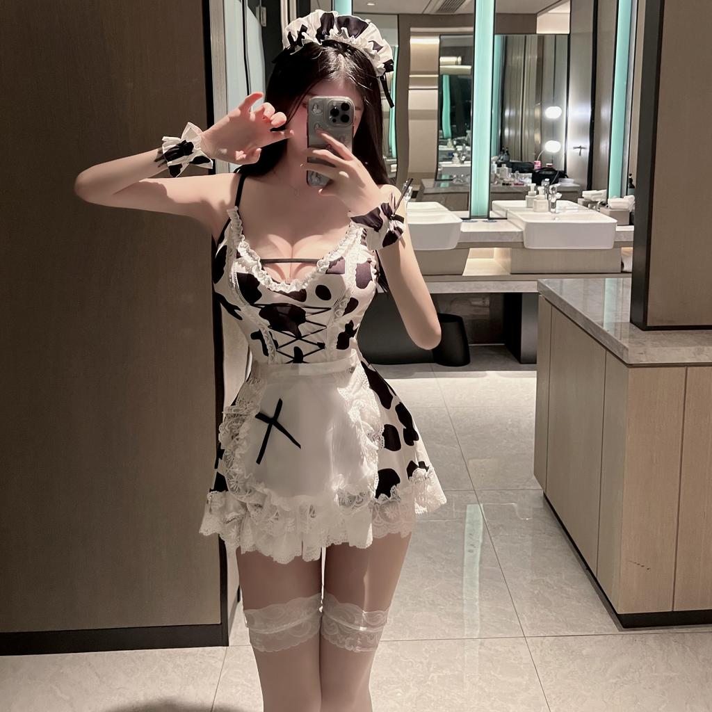 Sexy Erotic Pure Lust Cow Maid Uniform Seduction Bed Passion Pajamas Three-point Cute Suit Female