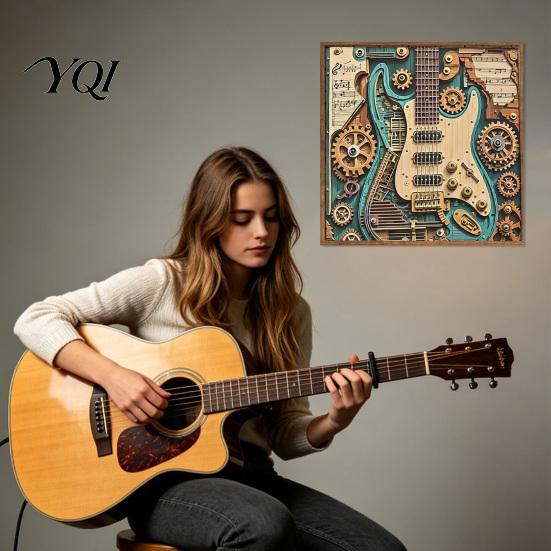 Kids Jigsaw Puzzle 1/2 Sets 1000Pcs Steampunk Guitar Art Puzzle, Gear Set Challenge Game, Educatoional Musical Instrument Toy for Desk Decor