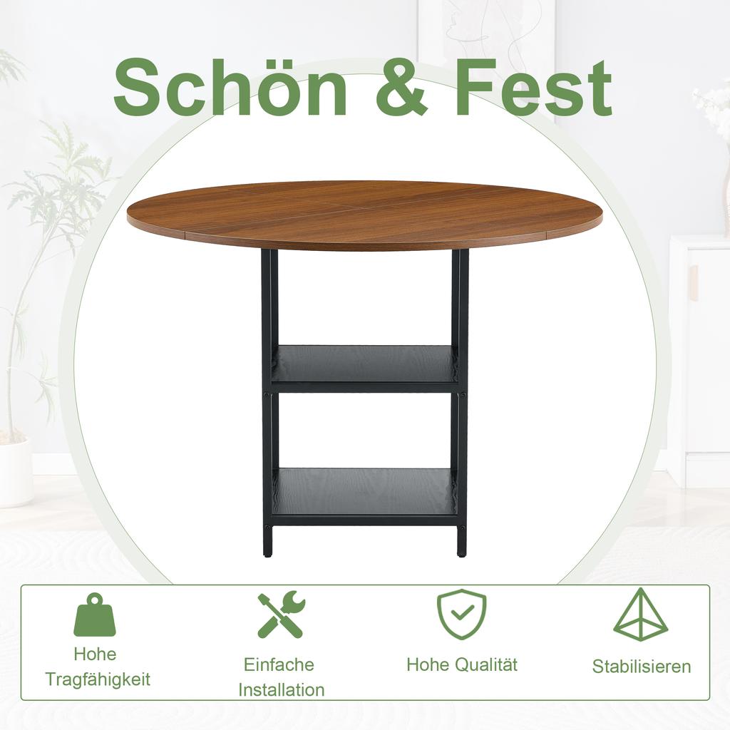 Round Dining Table with 107 cm Diameter and Double Shelf in Walnut Look, MDF Top + Metal Frame, Suitable for 2–4 People, for European Family Meals.