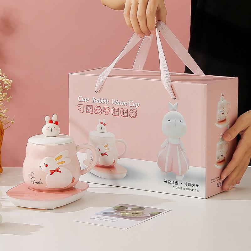 Кролик Теплый Теплый Чашка с Постоянной Температурой Подогреватель Чашки Изолированная Керамическая Чашка Милый Подарок Чашка для Воды Сувенирный Набор