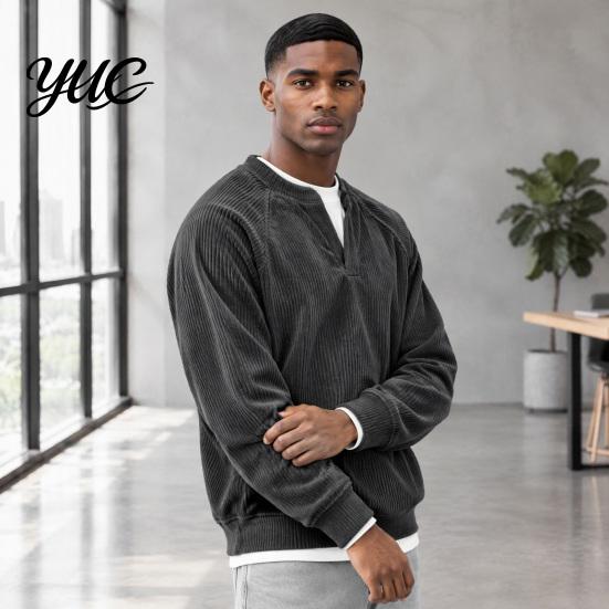 Relaxed Fit Business Casual Shirt Men Corduroy Textured Layered Tops, V Neck Raglan Long Sleeve Pullover Warm Texture Comfortable Daily Outfit
