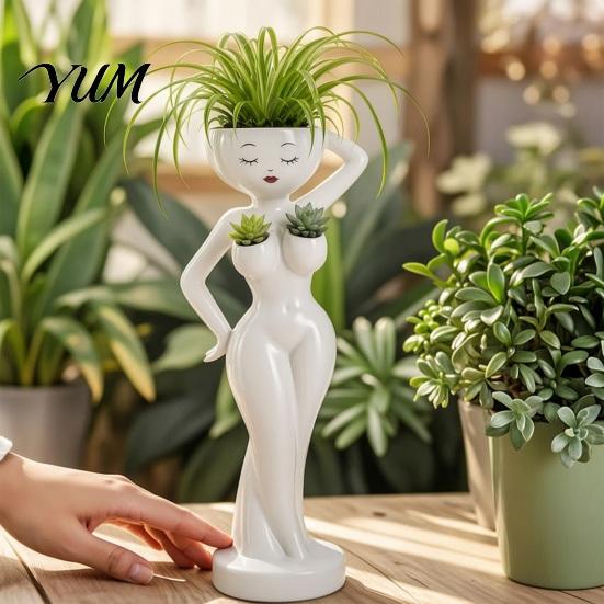 Unique Resin Flowerpot for Succulents Funny Female Figure Planter with Drainage Holes, Elegant Lady Flower Pot Indoor Outdoor Decorative Succulents,