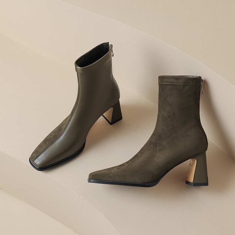 Krazing Pot Зимние ботинки из флока из микрофибры с квадратным носком, эластичные ботинки без шнуровки на высоком толстом каблуке, женские ботильоны