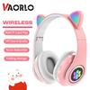 Наушники Bluetooth с кошачьими ушками и фонариком, с микрофоном, поддержкой 3,5 мм AUX/TF Card Play, беспроводная гарнитура для детей и девочек, подарок на день рождения