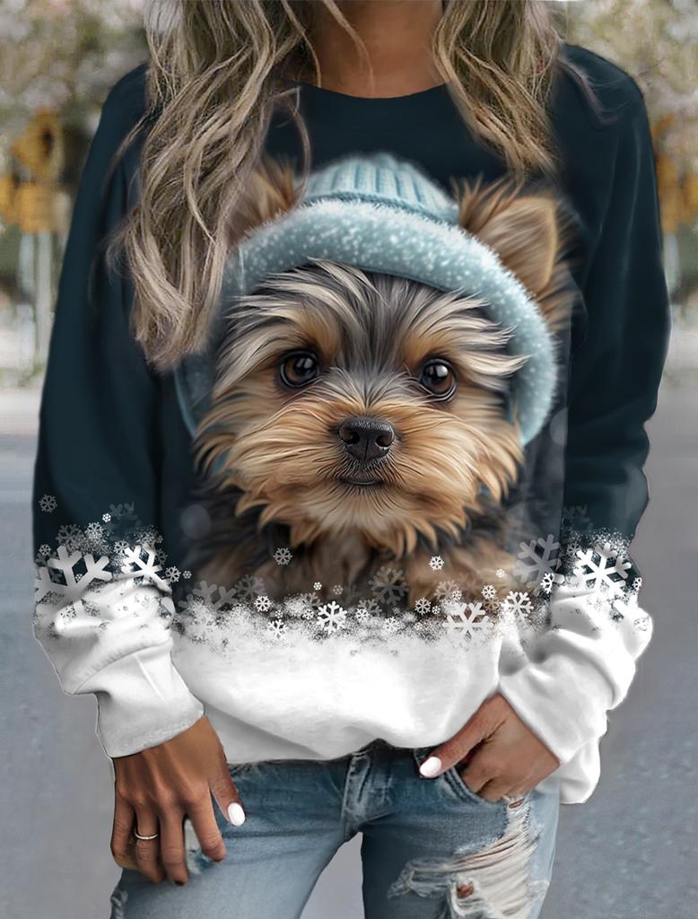 Женский пуловер большого размера, свитшот, мода с собаками, повседневная спортивная футболка, активная спортивная одежда, 3D-принт, круглый вырез, длинный рукав, топ, женская одежда