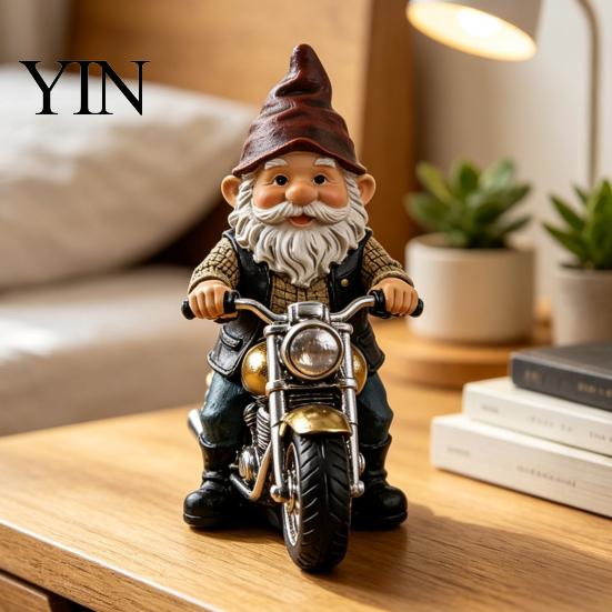 Miniature Gnome Statue Riding Retro Motorcycle Figurine, Motorbike Dwarf Resin Weatherproof Figurine Sculpture, Ornament for Home Office Desk