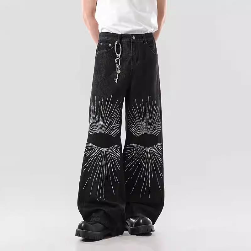 Stylish Embroidered Flared Denim Jeans Men Women Relaxed Fit Wide Leg Straight Cut Casual Pants