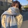 Korean Style Blue and White Plaid Mohair Women's Scarf for Women In Autumn and Winter Versatile Soft and Waxy Warm Imitation Cashmere Scarf Thickened
