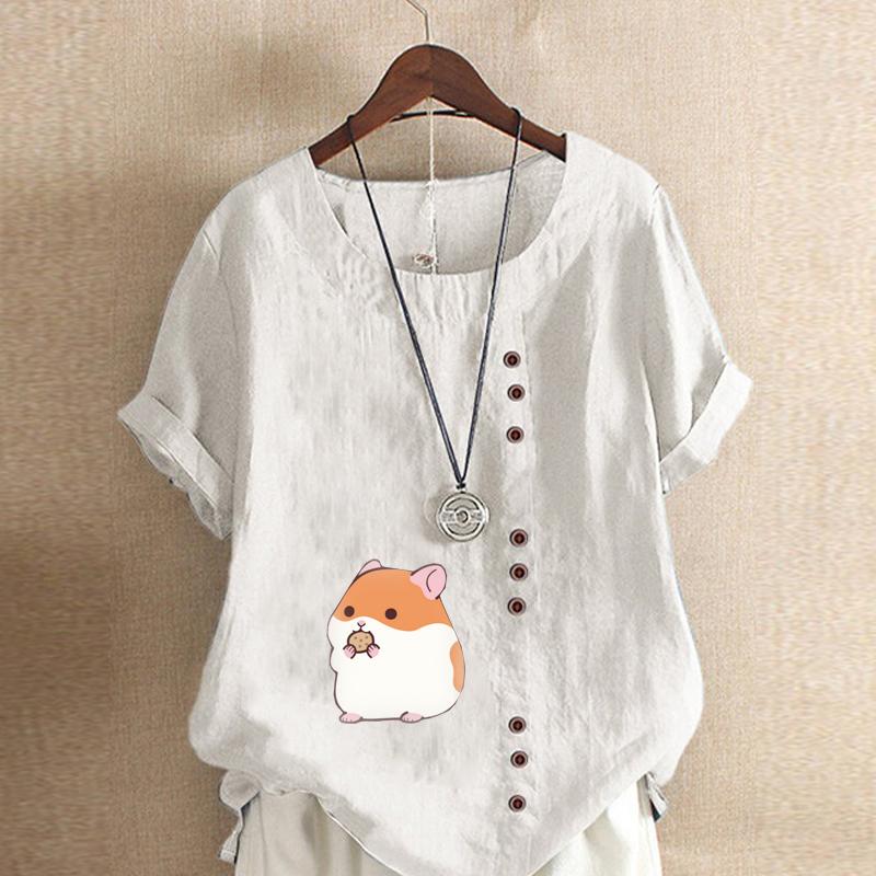Женская модная футболка с круглым вырезом и коротким рукавом, повседневная рубашка из хлопка и льна с рисунком, свободная летняя блузка с принтом Hamster Life, топы