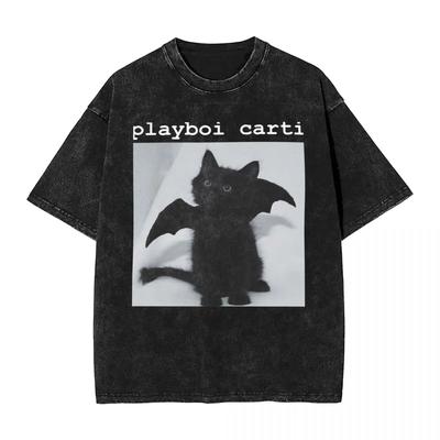 Playboi Carti Cat Pop Выстиранные футболки Уличная одежда Винтажная футболка Футболки для мужчин женщин с коротким рукавом Оверсайз Графический