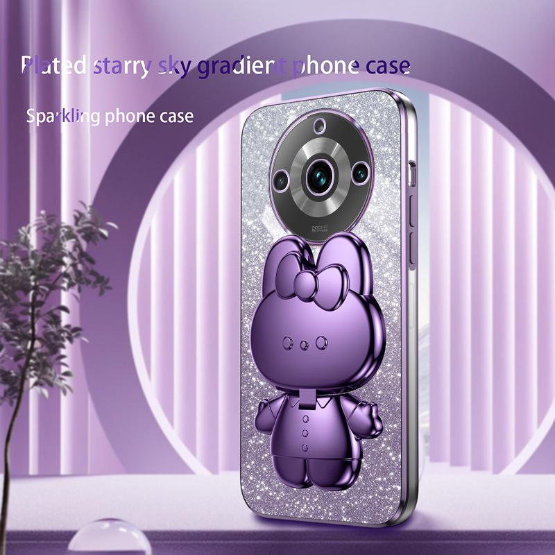 Подходит для OPPO Realme11, зеркала для макияжа, мобильного телефона, чехла C55, гальванопокрытия с постепенным изменением блеска, кронштейна в виде кролика V25, комплекта K11