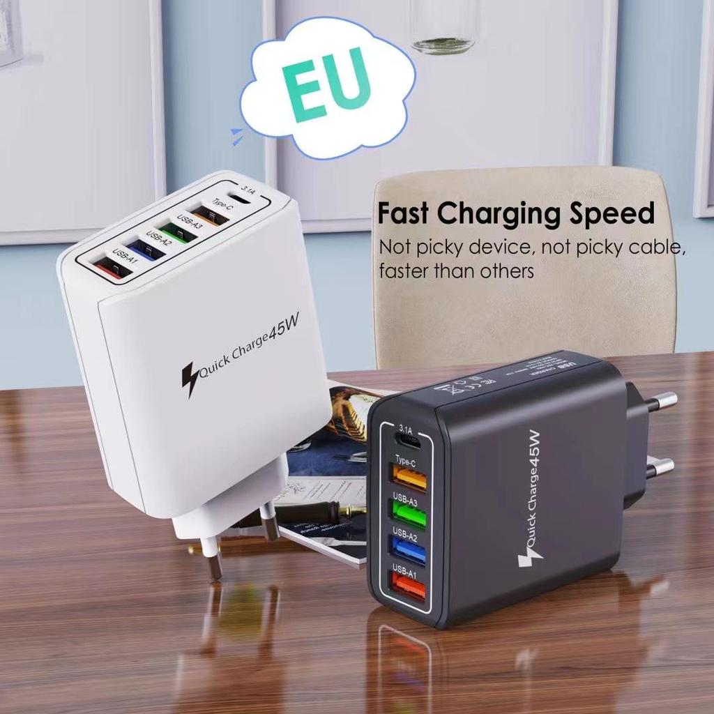 Зарядное устройство для мобильного телефона 4 порта USB и 1 порт PD 5V 3.1A с вилками EU, US, UK
