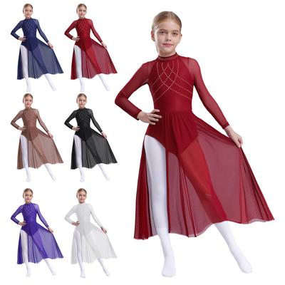 Девочки Концертное платье Стразы Прозрачная сетка Лоскутный дизайн Пышная юбка с разрезом Спинка с вырезом «замочная скважина» Леотард