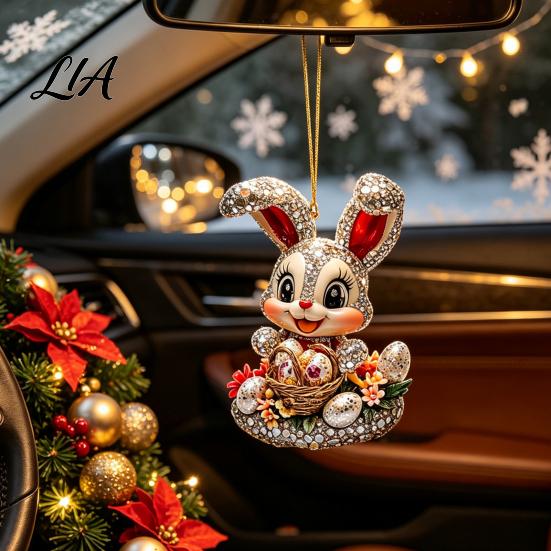 Decorative Rabbit for Home Window Easter Bunny Acrylic Pendant, Cute with Basket, 2D Car Animal Pendant Rearview Mirror Hanging Ornament, Bag Keychain