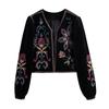Women Fashion Contrast Embroidery Velvet Crop Open Blazer Coat Vintage Long Sleeve Female Outerwear Chic Veste Femme
