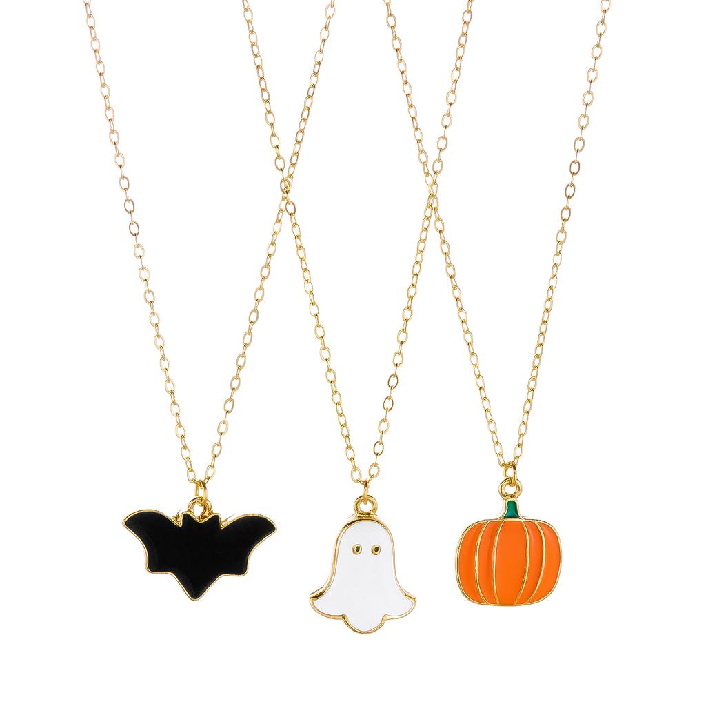 3Pcs Cute Enamel Halloween Necklace Set For Women Ghost Pumpkin Bat Pendant Metal Chain Choker Trick or Treat Party Jewelry Gift