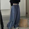 Women Cargo Pants Elastic Waist Drawstring Hem Casual Pants with Pockets Side Stripes Wide Leg Sport