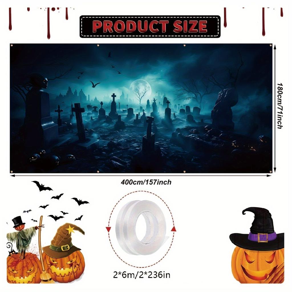 Halloween garage door banner background, full moon horror cemetery landscape with bats, polyester, holiday wall decoration