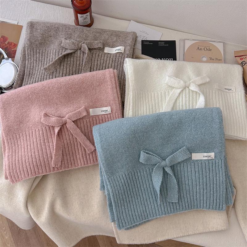 Женский однотонный вязаный шарф, женский осенне-зимний высококачественный теплый шарф из шерстяной пряжи, универсальный и модный галстук-бабочка