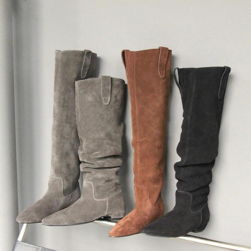 Версия из овчины~ ретро плоские сапоги женские кожаные матовые с широким голенищем плиссированные сапоги с ворсом облегающие универсальные сапоги-рыцари.