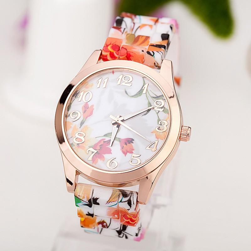 Fashion Geneva Silicone Watch Floral Print Quartz Wristwatch Women