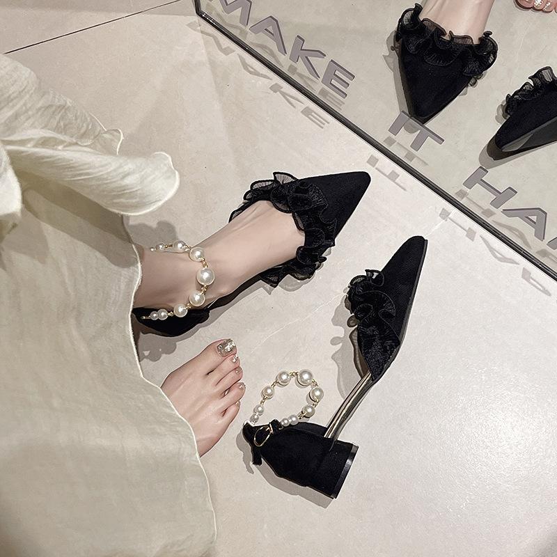 Французские босоножки на блочном каблуке с острым носком, женские весенние босоножки с жемчужным вырезом на каблуке