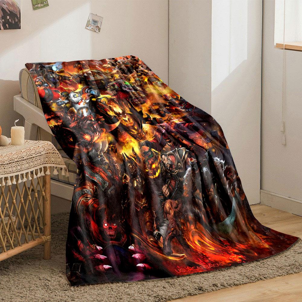 The image showcases fiery-themed, armored characters in a chaotic battle. for all seasons blanket lunch break throw gift