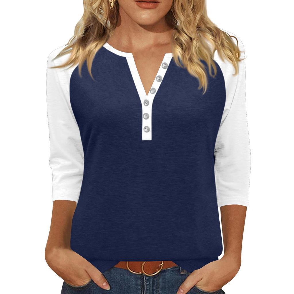 Жен. Футболка С принтом Пуговицы Рукав 3/4 Повседневные Выходные Мода Классический Классический V-образный вырез Обычный Верх