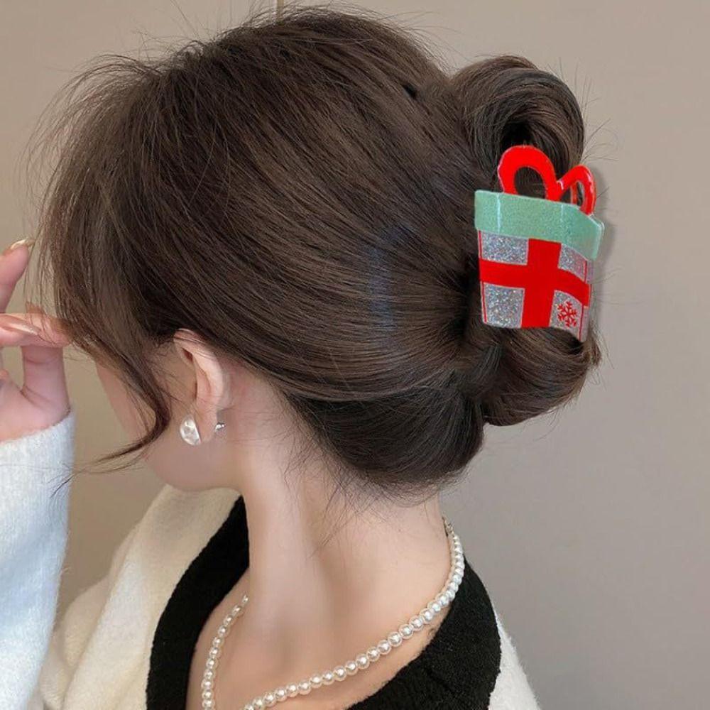 Glitter Christmas Hair Clip Santa Shape Snowhouse Hair Claw Sweet Santa Hair Claw For Women