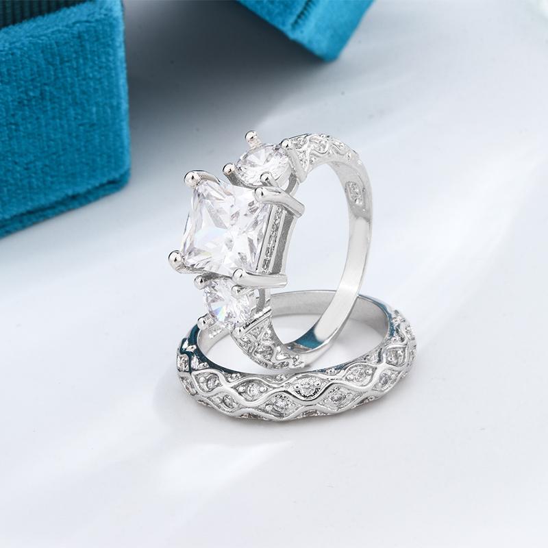 Europe and The United States Ladies Ring Ice Square Combination Ring Pattern Zircon Couple Fashion Design Wind Jewelry