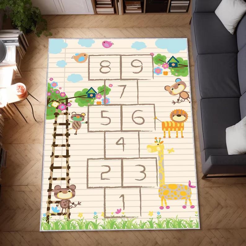 Hopscotch Game Rug Indoor Cartoon Parent-child Game Decor Carpet Bedroom Bedside Children's Number Game Room Floor Mat