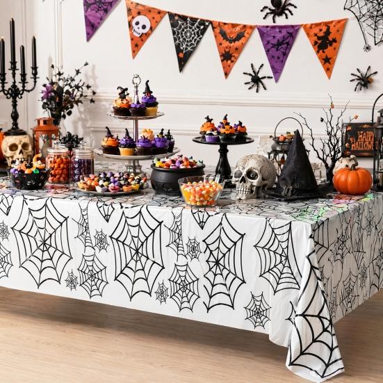 Halloween Table Runner Tablecloth, Plastic Spider Web Cloth, Disposable Rectangle Spiderweb Durable Party Supplies Cover for Kitchen, Dinner