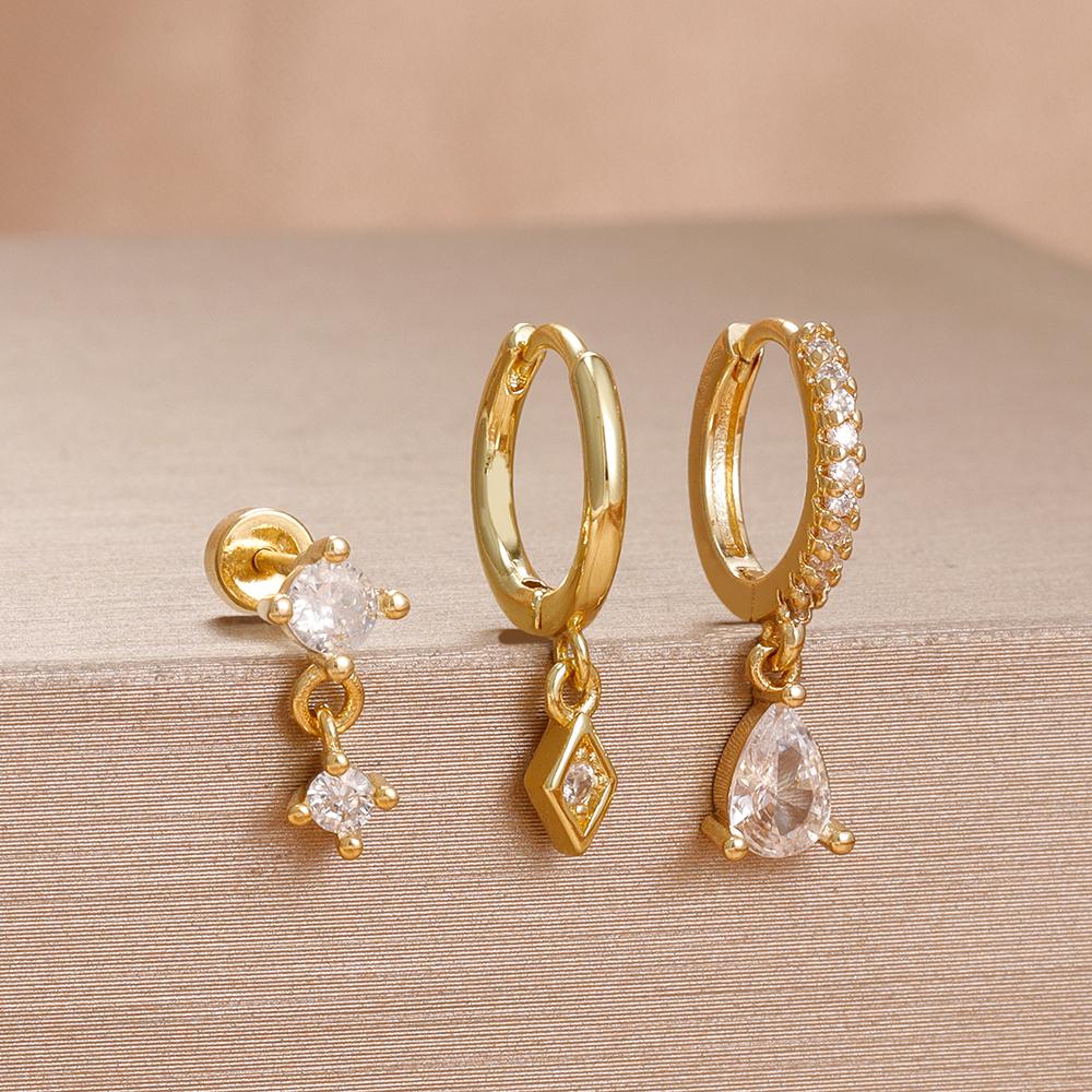 3 Pieces Stainless Steel Hoop Earrings Set For Women Crystal Zircon Huggie Flower Water Drop Trendy Earring Piercing Jewelry