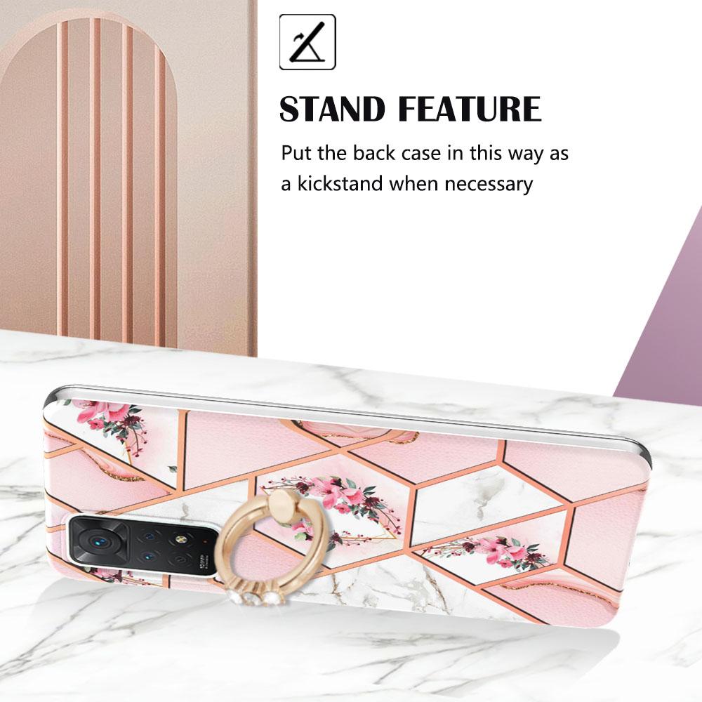 Ультратонкий чехол для телефона Ring Bracket Golden Border Grid Marble Flower IMD для Xiaomi Redmi Note 11S, Note 12 Pro 4G, Xiaomi 11T, Redmi 10, Poco X3 NFC...