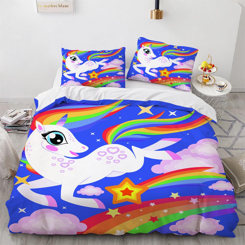 2 Exquisite 3D Cartoon Unicorn Wallpaper Anime Digital Printing Bedding Set Duvet Cover Comforter Bed Youth Kids Girl Boys Gift