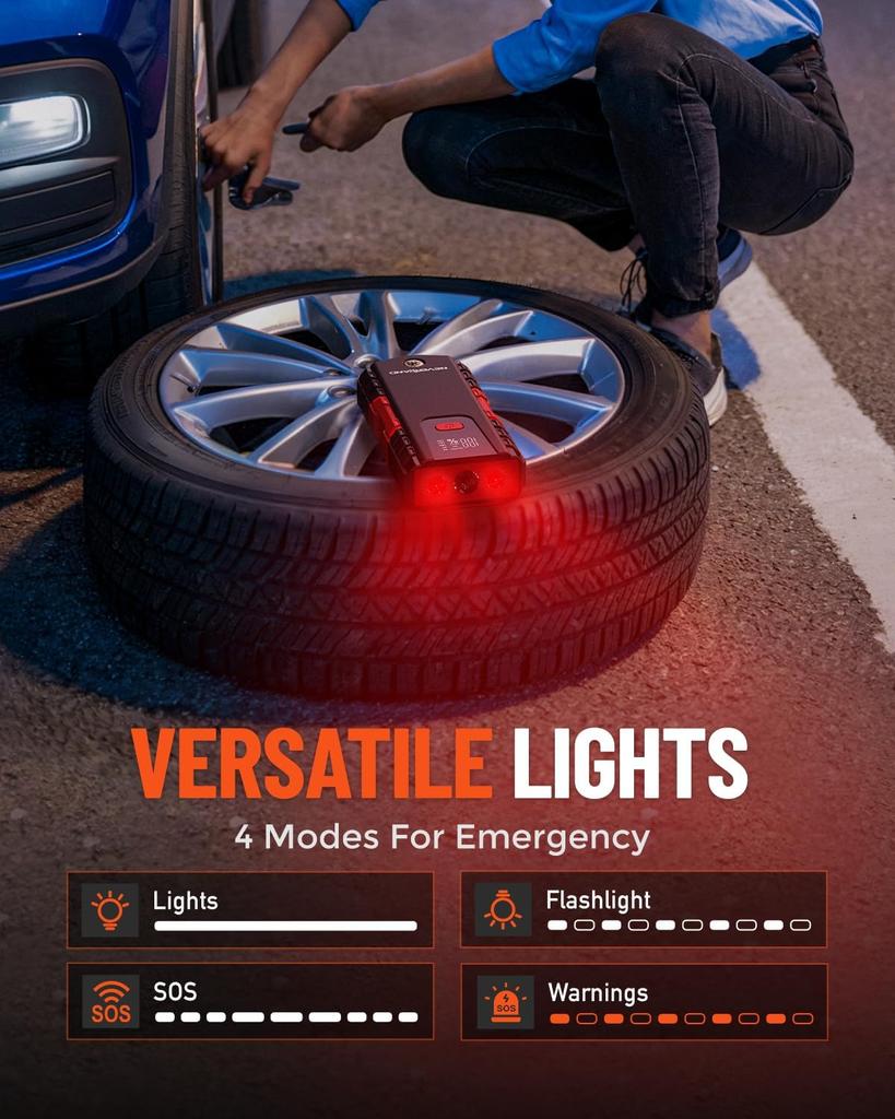 Пусковое устройство для автомобильного аккумулятора 6000 А, Портативный блок питания для бензиновых двигателей до 8,5 л / дизельных двигателей до 8 л, 4-режимный светодиодный фонарь, USB-порты, Компас, Красный