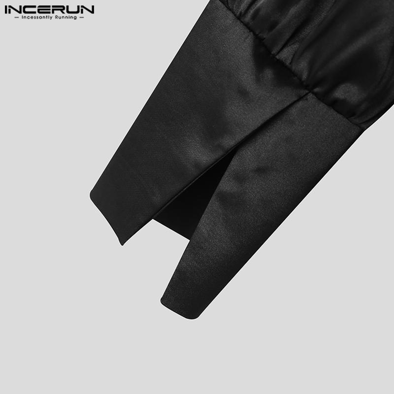 INCERUN Swinging Collar Men Hollow Out Long Sleeves Satin Tops