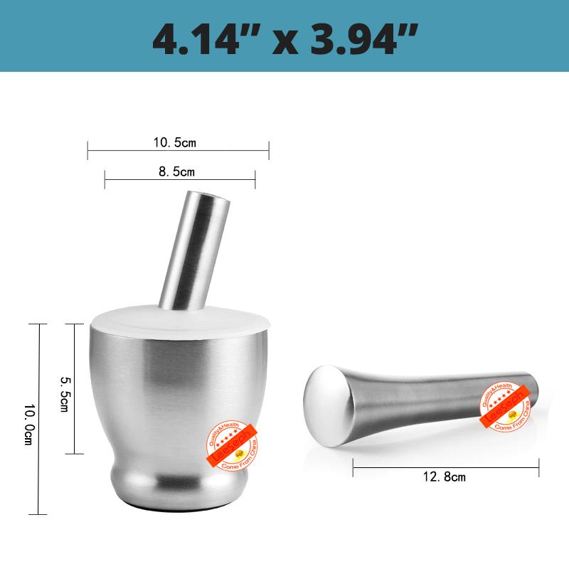 18/8 Stainless Steel Mortar and Pestle Spice Grinder with Silicone Dust Cover, Anti Slip Base and Comfy Grip - Dishwasher Safe