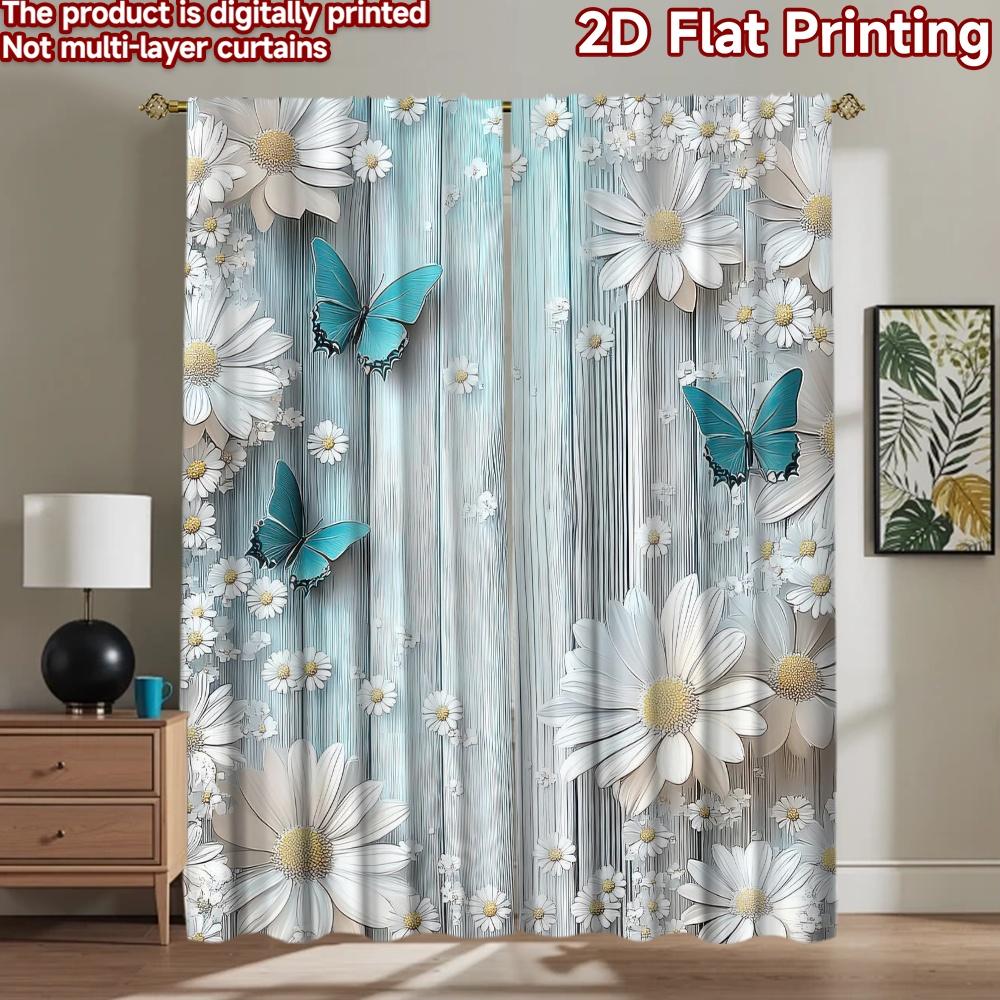 2D flat Photography Backdrop Party Backdrop Butterflies and Daisies on Blue 100% Polyester Vibrant Reunion for Booth seats