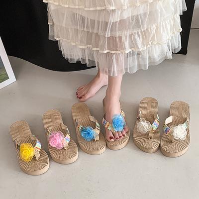 Соломенные пляжные туфли повседневные пасторальные цветы отпуск женская мода лето новый толстая подошва танкетка шлепанцы