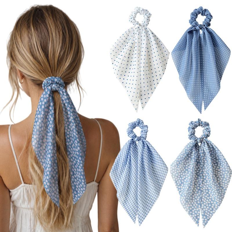Blue Bowknot Large Hair Band, Fresh Polka Dot and Checkered Ponytail Ribbon Hair Tie, Cute Female Hair Accessory