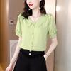 Sweet Peter Pan Collar Shirt Summer Fashion Ruffles Spliced Women's Clothing Plaid Solid Color Straight Commute Button Blouse