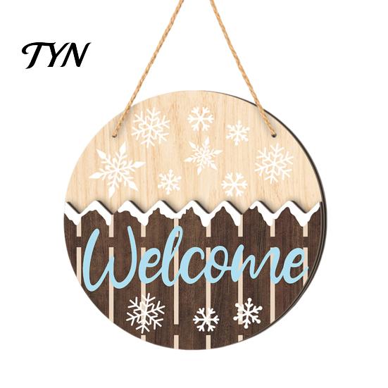 Retro Style Holiday Decoration Round 2D Wooden Welcome Sign, Farmhouse Christmas Door Hanger with Rope, Deer Indoor Outdoor Festive Ornament Tree Bird