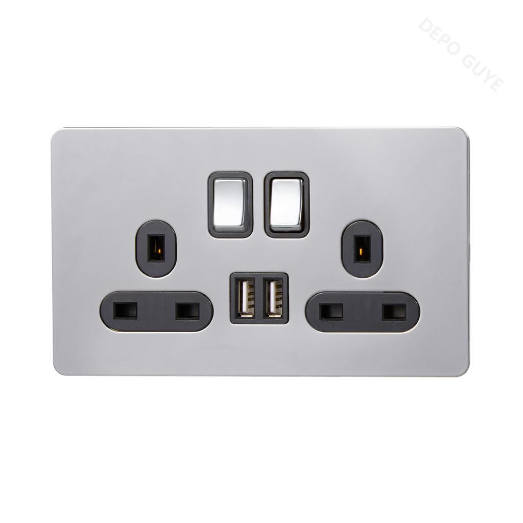 Wall Light Toggle Retro Switch Panel 1-4 Gang2Way Eu Silver Gray Brushed Stainless Steel Antique Switch Outlet with USB Charging