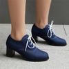 Мода Винтаж Деним Женские Туфли-Лодочки на Шнуровке Квадратный Каблук Круглый Носок Высокий Каблук Британский Стиль Оксфорды Осень Низкий Верх Студенческая Обувь Синие Ботинки