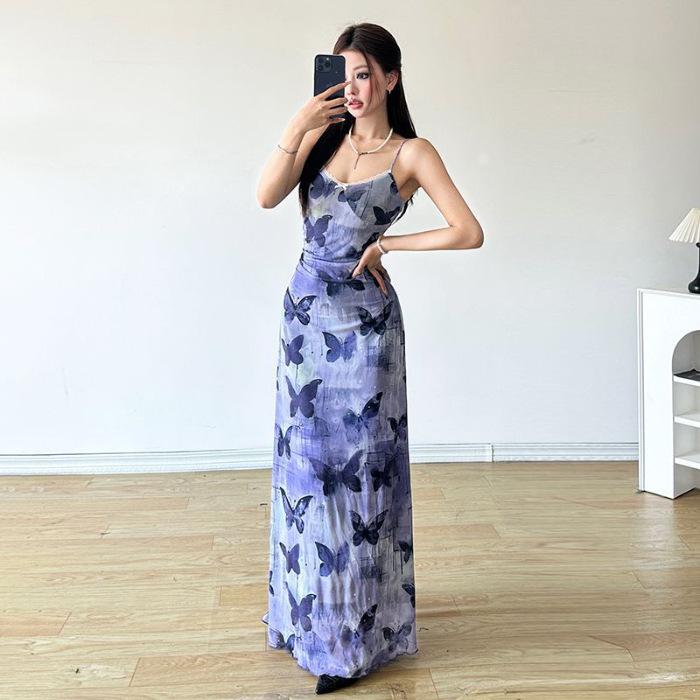 Coffee break French butterfly floral suspender dress children's summer new seaside vacation high-end long dress