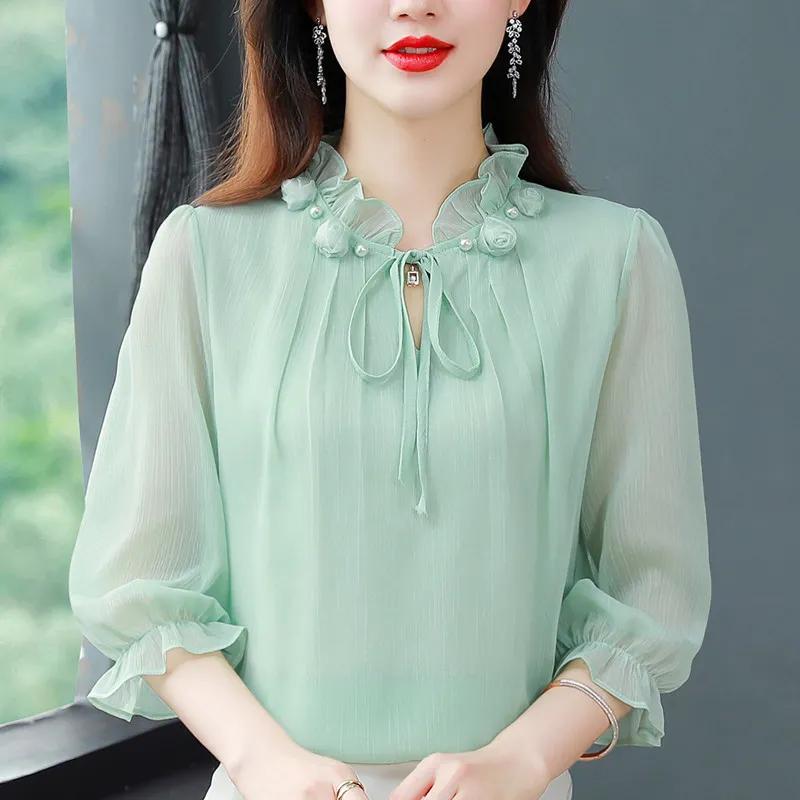 Женская летняя рубашка из шифона с рукавом пять четвертей, однотонный дизайн, женская блузка с завязкой