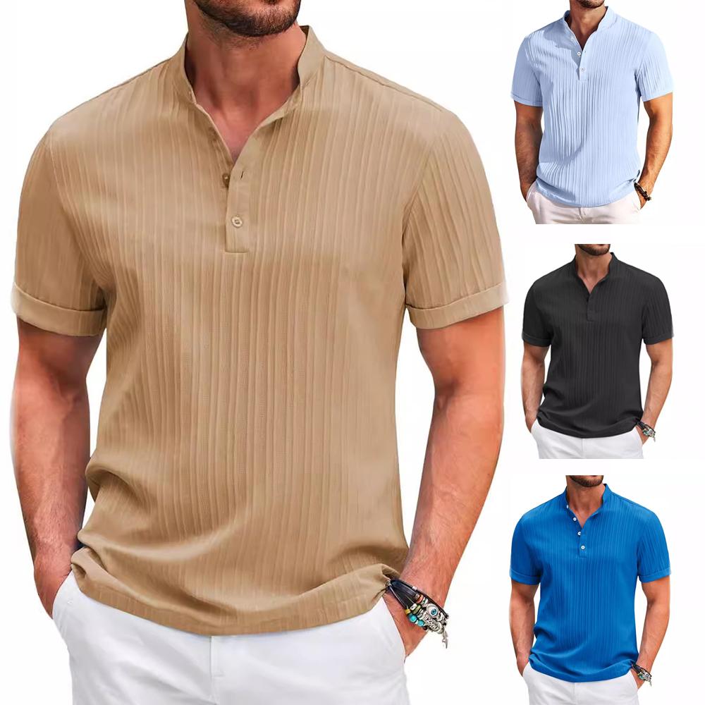 Plus Size Summer New Men's Retro Cotton and Linen Striped Henry Shirt Casual Loose Fitting Shirt